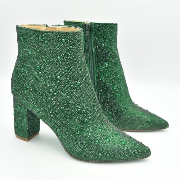 Betsey Johnson Shoes - Betsey Johnson Cady Green Rhinestone Block Heel Pointy Toe Ankle Booties, Size 7